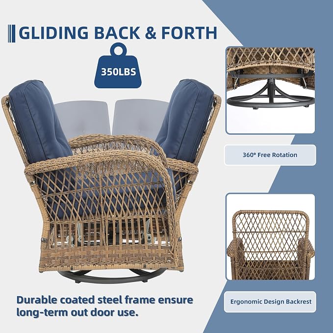 7-Piece Wicker Patio Furniture Sets Outdoor All-Weather Rattan Conversation Set Includes Glider Loveseat, 2 Glass-Top Coffee Tables, 2 Swivel-Gliders Chairs for Porch Backyard, Navy Blue