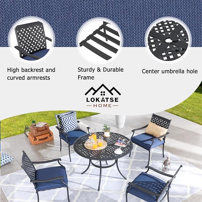 LOKATSE HOME 5-Piece Outdoor Patio Metal Dining Set with Iron Armrest Cushioned Chairs and Steel Round Table with Umbrella Hole, Blue