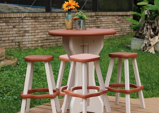 Patio Table Set with Four Barstools - Warm Grey Base with Redwood Accents - Perfect for Patio and Outdoor Spaces. Hardware Free Easy Assembly. Proudly Made in USA
