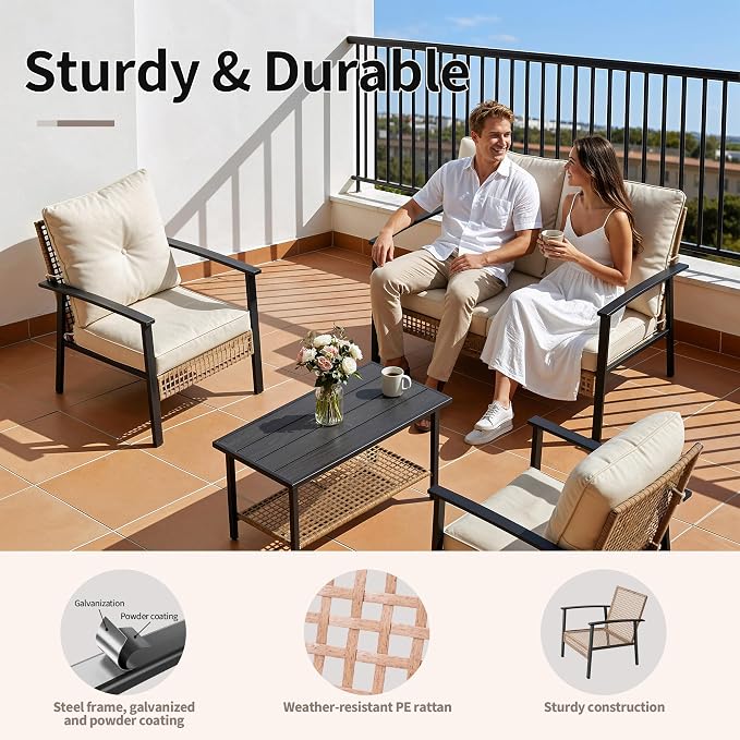Deersky 4 Piece Outdoor Patio Furniture Set, All-Weather Modern PE Wicker Rattan Conversation Set with 4" Cushions for Comfortable, Easy to Assemble, Cream White