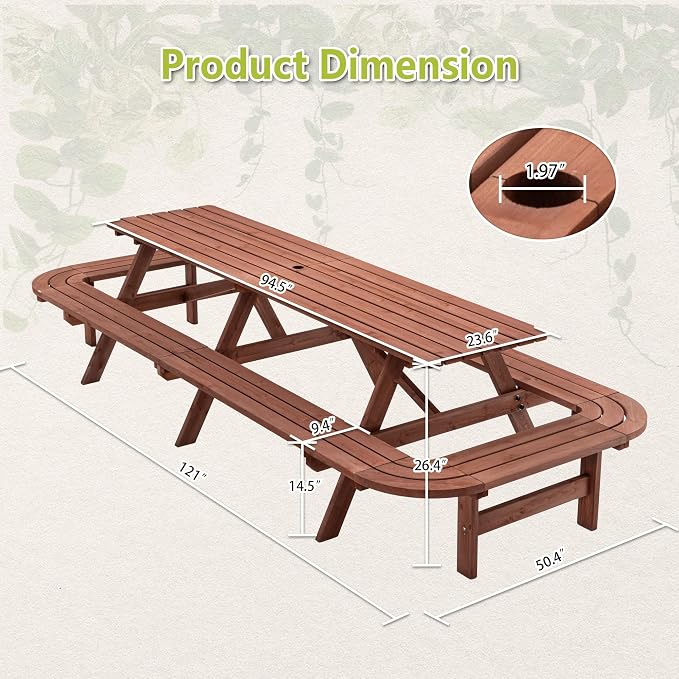 95" Picnic Table with Benches for 14-16 Persons, Outdoor Wooden Rectangle Dining Set for Patio, Garden, Backyard, Large Outside Table with Umbrella Hole, Brown