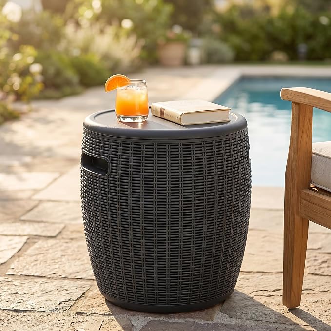 Zapdos 9.5 Gallon Outdoor Cooler Table, 4-in-1 Patio Side Table Cooler and Wicker Storage Stool, 330lbs Capacity Lid