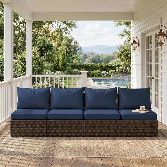 4 Pieces Patio Furniture Set, Outdoor PE Rattan Sectional Sofa with Soft Cushions for Backyard, Porch, and Poolside (Blue, 4 PCS)