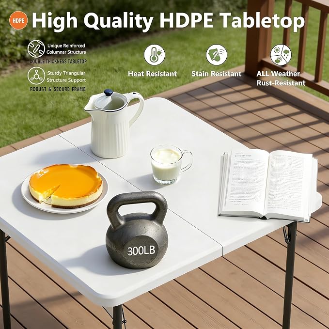 34 In Square Folding Card Table,Heavy Duty Plastic Foldable Table with Built-in Carry Handle&Steel Legs,Portable Indoor Outdoor Utility Table for Dining,Party,GameNight, Camping,Picnic,White