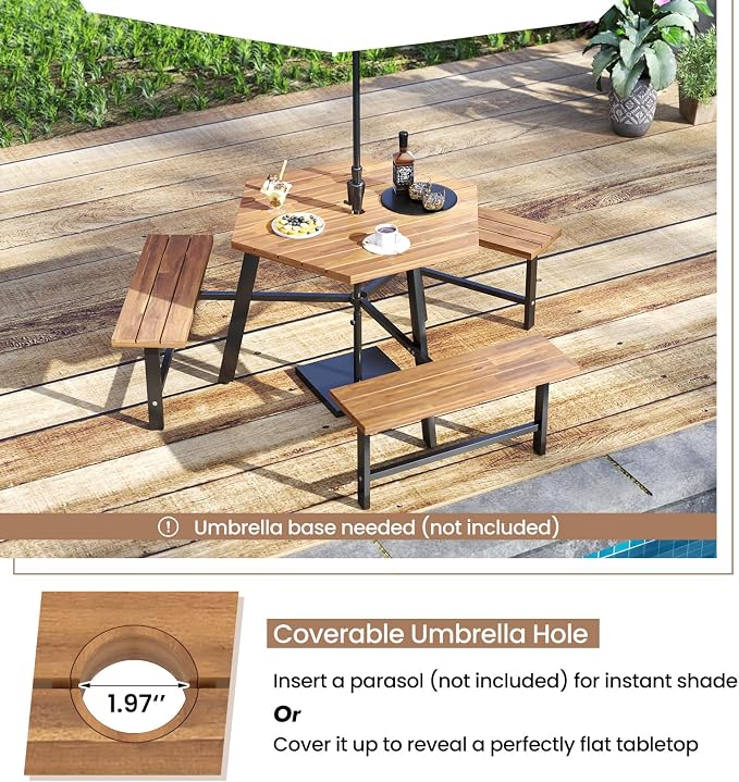 Tangkula 6 Person Acacia Wood Picnic Table, Outdoor Hexagonal Table and Bench Set with 3 Built-in Benches, Umbrella Hole & Metal Frame for Patio Backyard Garden Poolside