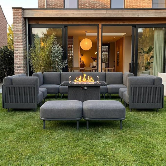 LayinSun 11 Pieces Patio Furniture Set with Fire Pit Table, Modern Outdoor Modular Sectional Conversation Set L-Shaped Sofa with 7-inch Cushion for Garden Backyard Deck