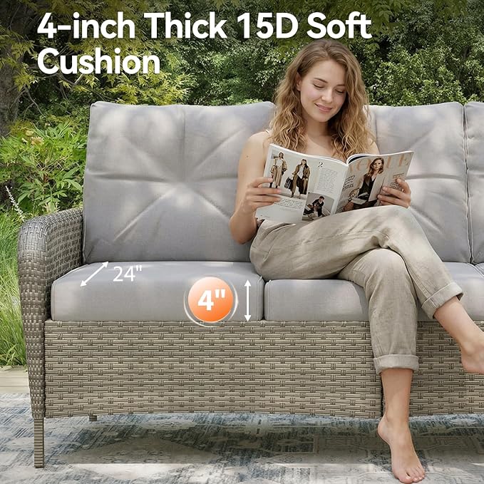 Aoxun Luxury 8-Piece Patio Furniture Set with 44'' Fire Pit Table, Wicker Rattan Sofa with Thick Cushion, Outdoor Conversation Set for Backyard, Poolside & Garden, Beige/Gray