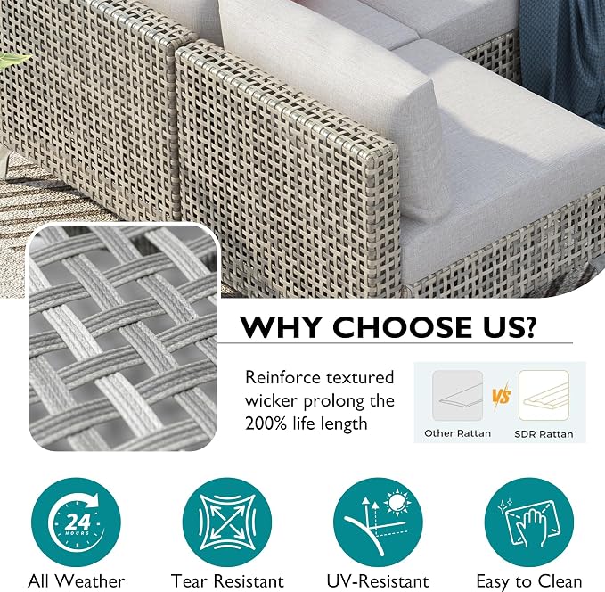 Patio 8-piece Patio Furniture Set with 43" Fire Pit Table, Outdoor Conversation Set & 60,000 Btu 43 Inch Rectangle Propane Fire Pit with Water Resistant Grey Thick Cushions, Grey