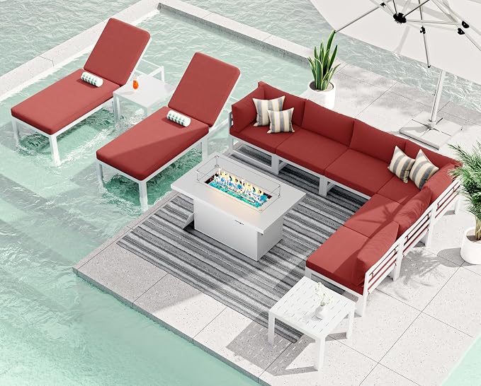 RADIATA 11 Piece XL Aluminum Patio Sectional Furniture Set with Chaise & Fire Pit Table, 500 lbs Heavy Duty Anti-Rust Outdoor Couch, 29 inch Deep Wide Seating, Elegant Conversation Sofa for Yard, Red