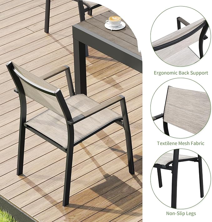 5 Piece Outdoor Dining Set, Expandable Outdoor Patio Dining Table Set for 4-6 Person, Aluminum Outdoor Table and 6 Chairs with Textilene Fabric & Armrest for Patio, Garden, Lawn, Deck(Grey)
