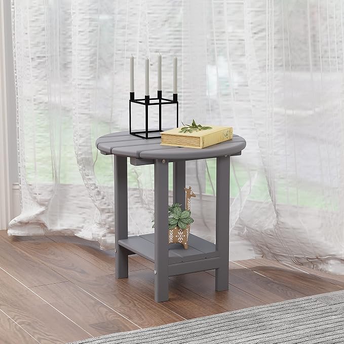 Sundale Outdoor 18" Round Side Table, Patio Adirondack Small End Table All Weather HDPE Water Resistant 2 Tier Round Outside Table for Pool, Garden, Beach, Grey
