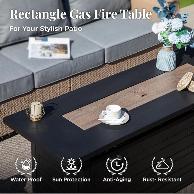 MIXPATIO Patio Furniture Set 8 pcs, Wicker Outdoor Patio Furniture, 3-Seat Sofa, 4 Single Chairs, 2 Ottomans and 56" Gas Fire Pit Table, Rattan Patio Conversation Set for Backyard Deck, Grey