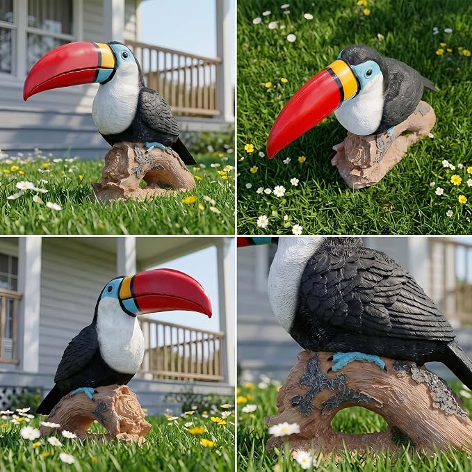 Real Toucan Statue,Colorful Outdoor Bird Decor Sculpture- 14.2" Resin Bird Outdoor Animal Ornament, Tropical Tiki Bar Decor, Waterproof & Weather-Resistant, Perfect for Garden, Patio, Yard