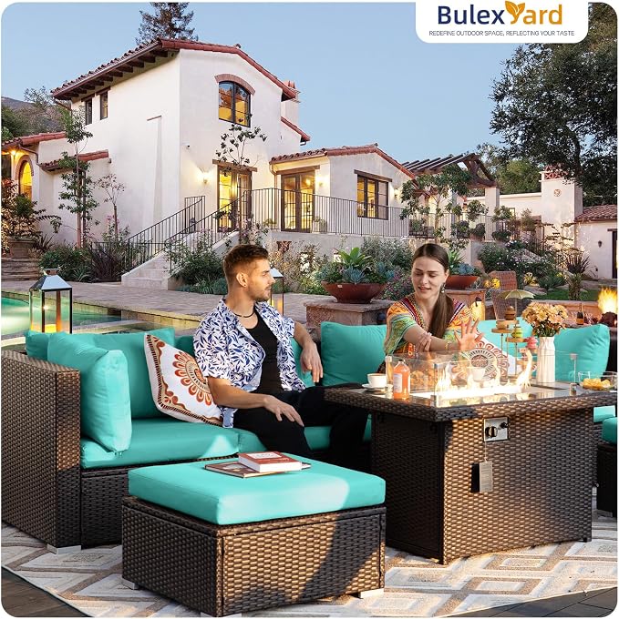 BULEXYARD 9 Piece Highback Patio Furniture Set with Fire Pit Table, Modern Modular Outdoor Sectional Couch Sofa with Ottoman, 8-Person Backyard Seating for Outside, Deck, Brown Wicker & Teal Cushion