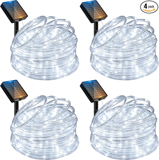 btfarm 4 Pack Solar Rope Lights, 120LED 46FT Solar String Lights Outdoor Waterproof, 8 Lighting Modes Solar Powered Strip Tube for Outside Garden Tree Christmas Yard Patio Wedding Decor, Cool White