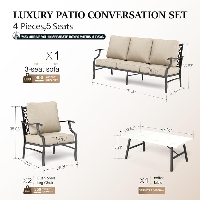 HERA'S HOUSE 4 Piece Patio Furniture Set, 2 x Metal Frame Cushioned Chair, 3-Seat Sofa with Marbling Coffee Table, All Weahter Outdoor Conversation Set for Lawn Garden Backyard