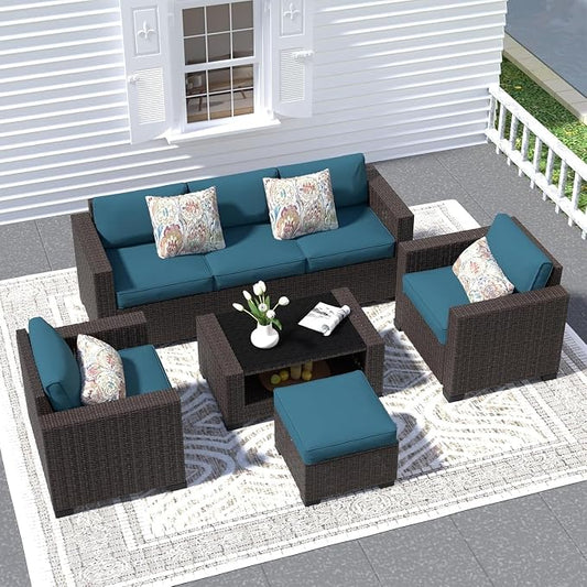 7 Piece Wicker Patio Furniture Set with Outdoor Sectional Sofa, Washable Cushion Covers, Tempered Glass Coffee Table, Rattan Conversation Set for Poolside, Lawn, Balcony