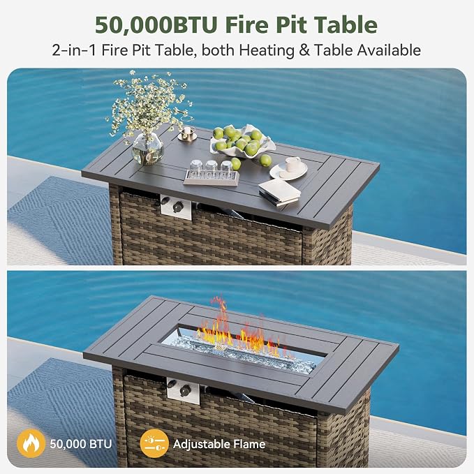 Aoxun 13 Piece Outdoor Patio Furniture Set with 44'' Fire Pit Table, Wicker Rattan Outdoor Furniture with High Back Swivel Rocker Chairs, Outdoor Conversation Set with Thick Cushion & Ottoman, Black