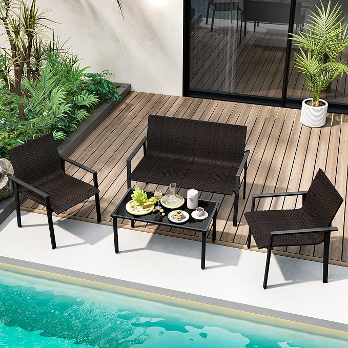 HAPPYGRILL 8 Pieces Wicker Patio Conversation Set with Coffee Table, PE Rattan Chairs with Galvanized Metal Frame, Outdoor Table and Chairs Set for Small Space, Balcony, Poolside, Backyard (Mix Brown)