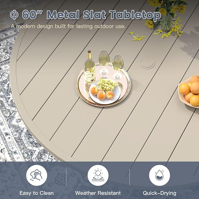 VICLLAX 11 Pieces Patio Outdoor Dining Set, 60" Round Metal Table with Umbrella Hole and 10 Stackable Textilene Chairs for Patio, Lawn, Garden, Porch, Sandshell