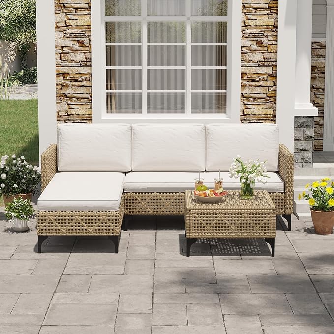 U-MAX 3-Piece Outdoor Patio Furniture Set, Wicker Rattan Conversation Sofa Set with Cushions and Coffee Table, Brown