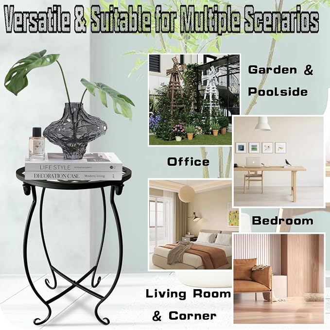 Small Outdoor Side Tables, 15" Tall 10" Round Patio Side Table, Metal Corner Plant Stand for Flower Pot, Rustproof Flower Plant Rack Holder for Home, Garden, Patio, Plant Lovers 1 Count