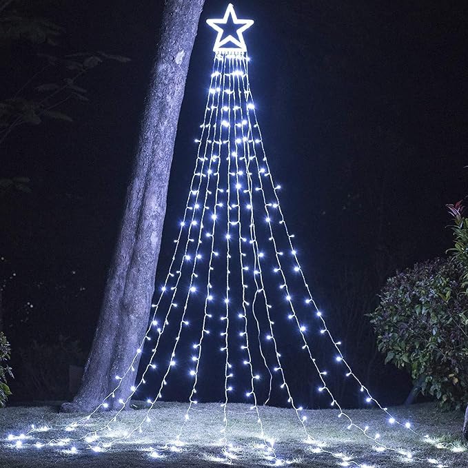 Christmas Decorations, Outdoor Christmas Lights, 320 LED Outdoor Christmas Tree String Lights with 12" Star Toppers [8 Modes& Waterproof] for Xmas New Year Holiday Decor (White)