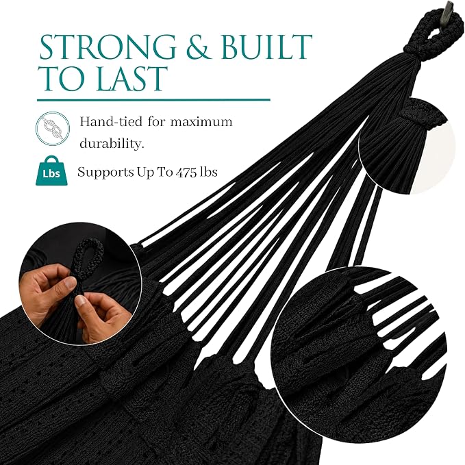 Hammock for 1-2 Person, 475 lbs Capacity – Handwoven Mexican Hammock, 100% Soft Cotton – 9.8 ft Mayan Hammock for Patio, Backyard, Indoor & Camping – Medium, Black
