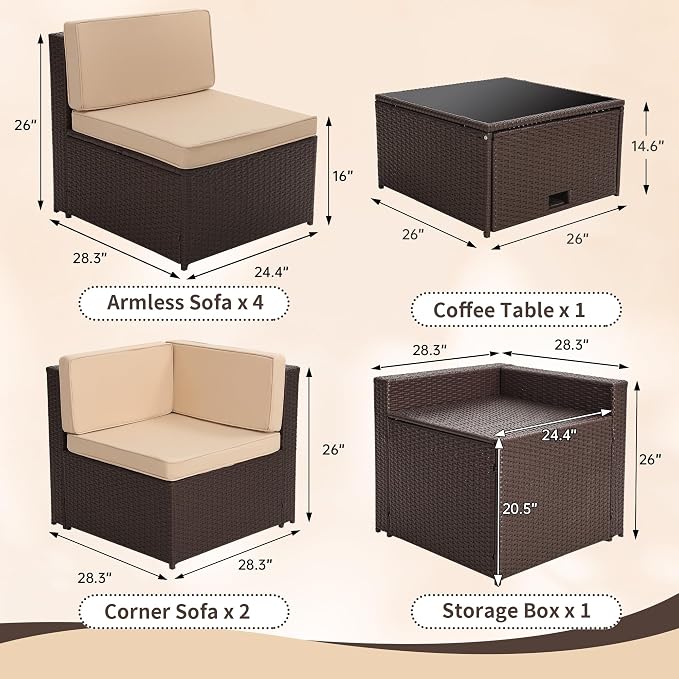 KROFEM 8 Piece Patio Furniture Set, Outdoor Modular Conversation Set, Beige | UV Treated Wickers, Machine Washable Cushions, Seats 6, 2 Hidden Storage Compartments, Rustproof Frame, Waterproof