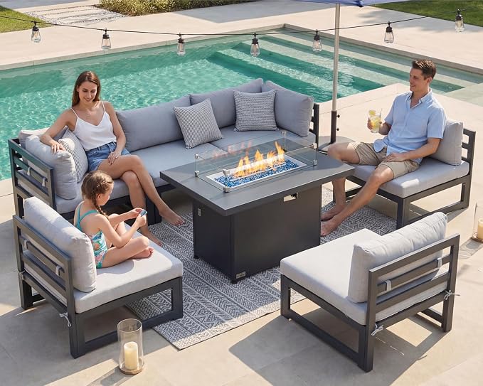 BULEXYARD 6 Seat Large Luxury Aluminum Patio Conversation Set with Fire Pit Table Propane/Gas, 29 inch Deep Wide Sectional Couch, 500 lbs Heavy Duty All Weather Outdoor Sofa for Backyard, Light Gray