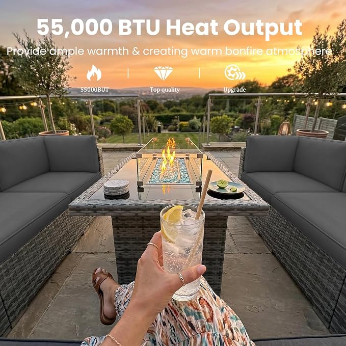 8 Pieces Patio Furniture Set with 44" Propane Gas Fire Pit Table, Outdoor Sectional Wicker Conversation Sofa Sets with Coffee Table