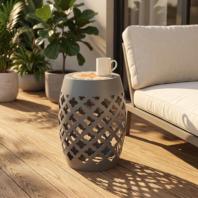 Ceramic Mosaic Outdoor Side Table, 12" Round Garden Stool Hollow Drum Accent End Table, All-Weather Metal Plant Stand Footstool for Patio, Balcony, Living Room, No Assembly