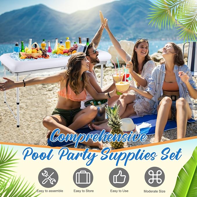 SiliFine Set of 3 Pool Party Supplies 4 Foot Folding Ice Table Cooler Table Outdoor Mesh Food Covers Food Tent Inflatable Serving Bars Food Trays for Party Buffet for BBQ Picnic Camping