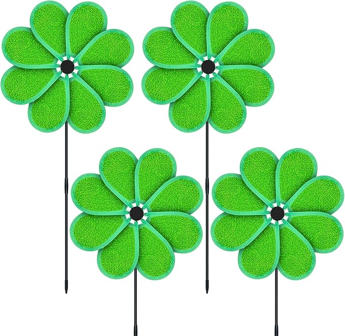 4PCS 11.4" W x 28" H Reflective Pinwheels Sparkly Lawn Wind Spinners Colorful Rainbow Windmill for Garden Decoration Bird Devices Deterrent to Scare Birds Away（Green）