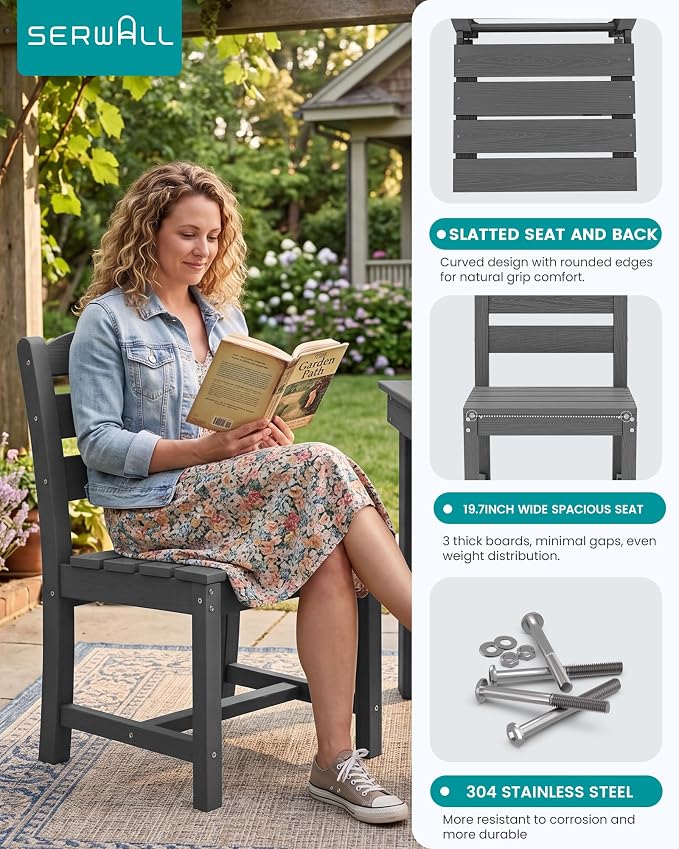 SERWALL HDPE Outdoor Dining Table and Chairs Set for 6 | with Armless Chair Seat