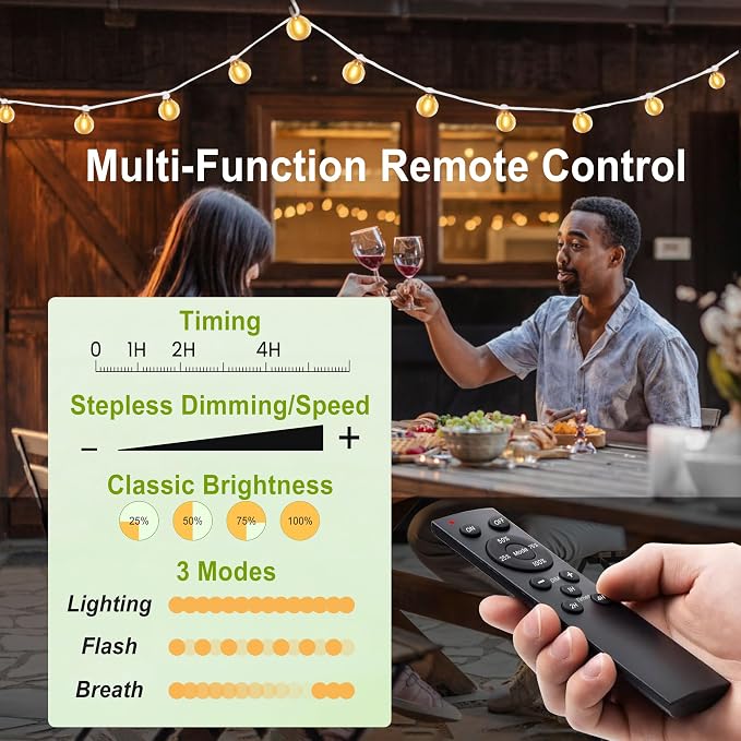 White Outdoor String Lights 30FT (1FT Apart) Remote for Patio Wedding Party | Connectable Waterproof Outside Lighting with 28 Globe Bulbs Remote Dimming & 3 Modes,Timmer for Porch Bistro Fence Backyard