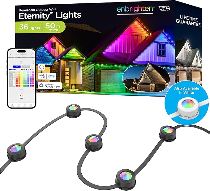 Enbrighten Eternity Permanent Outdoor Lights, 50ft, 32 Lights, Smart | Black Cord, RGBWIC LEDs, Weatherproof, Cuttable, Link to 200ft, Christmas, App Control, Works with Alexa & Google Home
