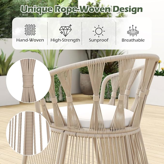 Tangkula 3 Piece Patio Leisure Chair Set, Outdoor Rope-Woven Cushioned Armchairs & Table Set with Tempered Glass Tabletop, for Balcony, Porch, Backyard (Off White)