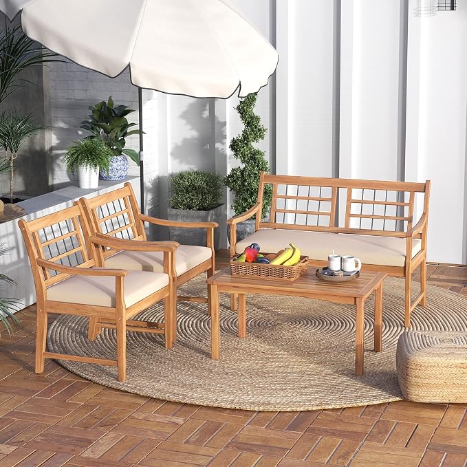 Tangkula 4 Piece Wood Patio Furniture Set, Outdoor Conversation Set w/Soft Seat Cushions, Solid Acacia Wood Frame, 2 Armchairs, Loveseat & Coffee Table Set for Backyard, Porch, Poolside (White)