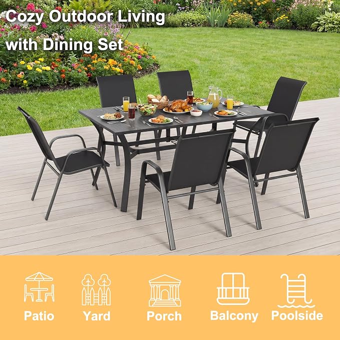 7-Piece Outdoor Dining Set - Rectangular Patio Table with Umbrella Hole and 6 Stackable Dining Chairs All-Weather for Garden, Deck, and Poolside (Black, 63"L x 38"W x 28"H Rectangle Dining Table)