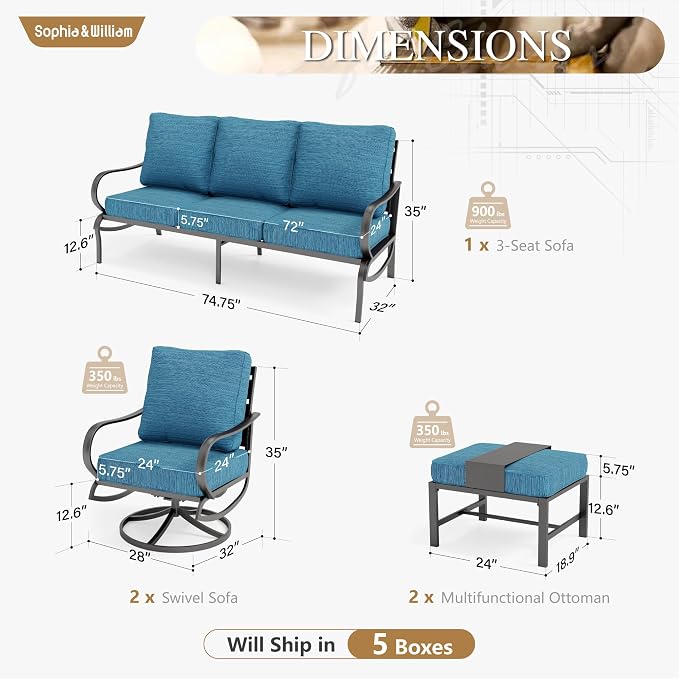 Sophia & William Patio Furniture Sets for 5 Outdoor Metal Conversation Sets 5 Pcs with 2 x Cushioned Swivel Sofa Chairs, 2 x Ottomans as Coffee Table, 1 x 3-Seat Sofa, Backyard Poolside Peacock Blue