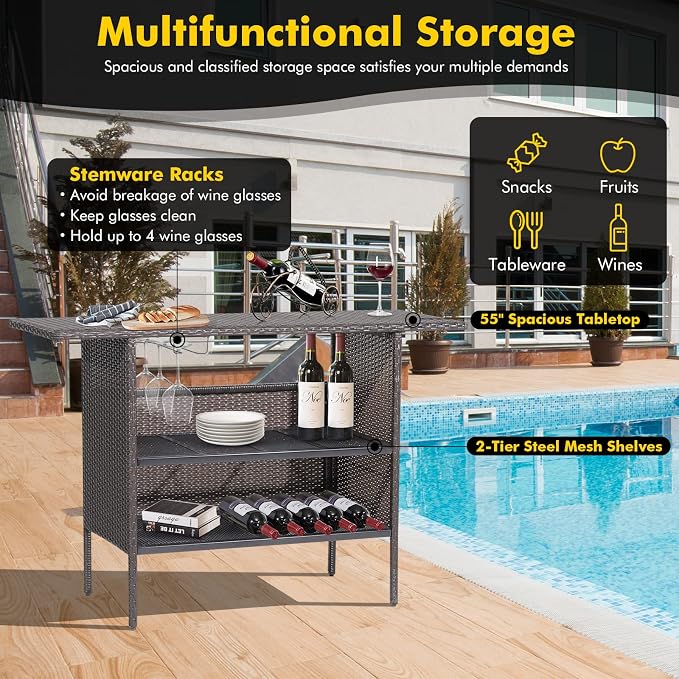S AFSTAR Patio Rattan Bar Table, Outdoor Rattan Wicker Bar Counter Table with 2-Tier Metal Shelf & Steel Stemware Rack, Heavy-Duty Steel Frame, Waterproof Brown Rattan Table for Poolside, Backyard