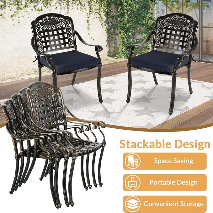 9 Piece Outdoor Patio Dining Set for 8, Cast Aluminium Large Square Dining Table & 2 Swivel Rocker Chairs, 6 Stationary, 8 Cushions, Umbrella Hole, Patio Furniture Set for Garden, Navy Blue