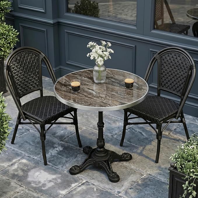31.5" Outdoor Tulip Dining Table with Sintered Stone Tabletop and Cast Iron Base, Antique Patio Bistro Table for 2-4 Person for Indoor Outside Cafe Restaurant Backyard Garden (Venetian Brown Marble)