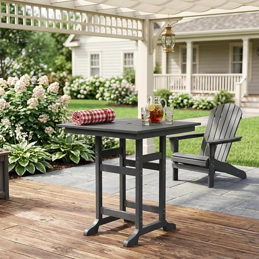 GarveeLife Outdoor Counter Height Bar Dining Table, HDPE Wood Grain Tall Bar Table – 39.6" High Square Pub Table, Cocktail Bistro Table Fits, for Patio, Garden, Poolside, Balcony & Yard (Dark Grey)
