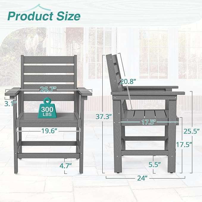 Patio Dining Chairs Set of 2, HDPS Weather Resistant Outdoor Chairs with Armrest, Heavy Duty 300LBS Support Patio Chairs for Backyard Deck Porch Balcony, Gray