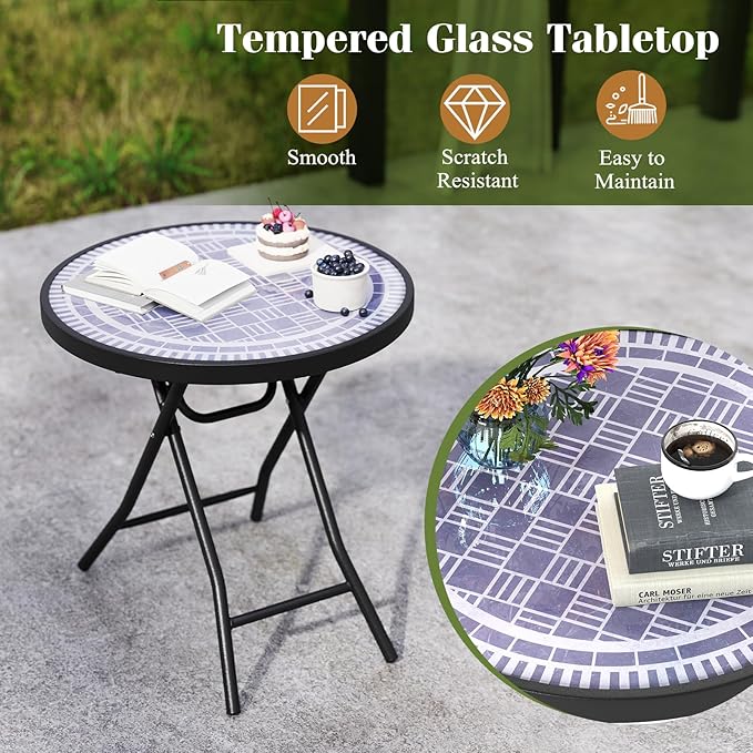 Giantex Folding Outdoor Side Table with Tempered Glass Tabletop & Metal Frame, Portable 18” Round End Table for Patio, Sofa Side, Yard, Porch, Poolside Living Room, Grey