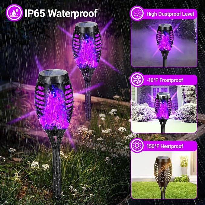 Purple Halloween Solar Lights Outdoor with Flickering Flame, 16 Pack | Halloween Decorations Solar Torch Lights, Waterproof Solar Halloween Lights Tiki Torches for Outside Patio Pathway Yard Decor