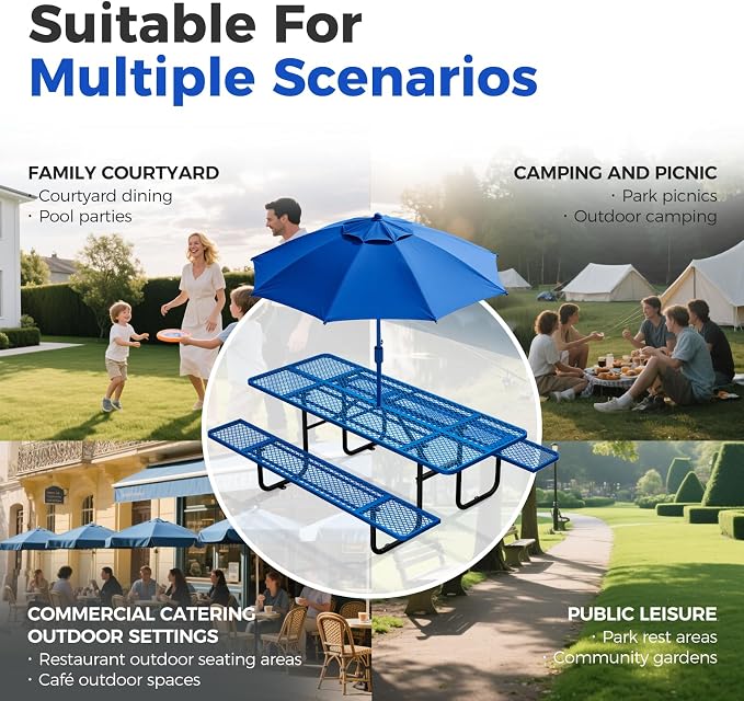 72 Inch Heavy Duty Picnic Table for Outdoors, Rectangular Camping Table with Benches and 1.78" Umbrella Hole, Commercial Grade Steel Frame, 2200 lbs Load Capacity, Blue