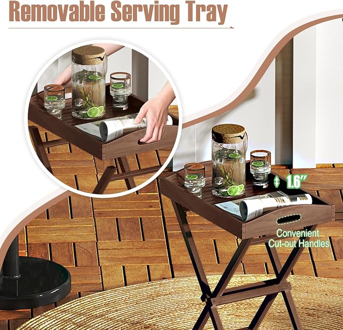 Giantex 2-Pack Outdoor Side Table with Removable Top, 28-Inches High Solid Teak Wood TV Tray, Folding Portable Bistro Table for Outside, Patio, Garden, Porch, Backyard, Balcony, No Assembly Need